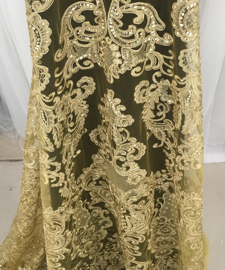 Gold Lace Black and Ivory Color Corded Wedding Lace Fabric with Sequins - 1 Yard/lot Sequins Embroidered Lace Fabric image 3