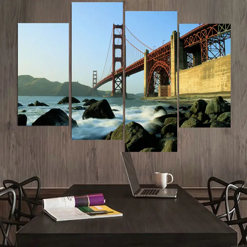 4 панели Мост Золотые ворота Большой HD домашний декоративный Рисунок настенная