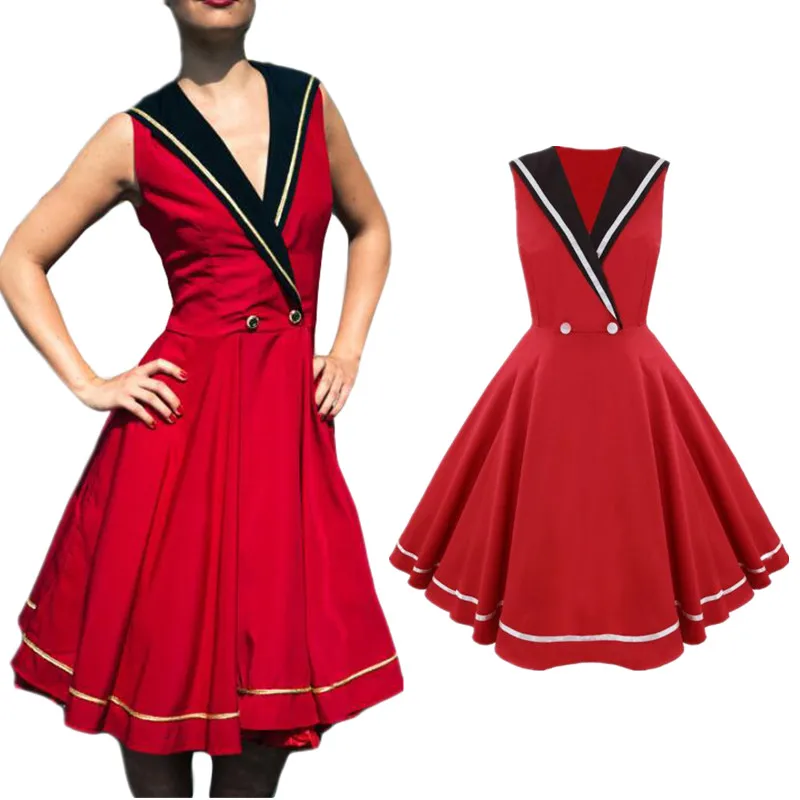 SexeMara New Christmas Year Red V Neck Vintage 50s Rockabilly Housewife Casual Full Circle Swing Dress Party Vestidos | Женская одежда