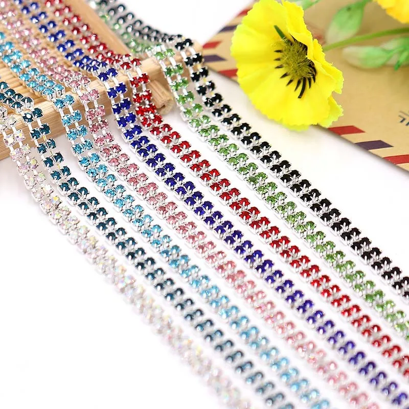 CJSIR 1 Yard 2Rows Rhinestone Cup Chain Silver Base with Claw Cloth Decoration Trim Applique Sew on Garment Bags Crafts | Дом и сад