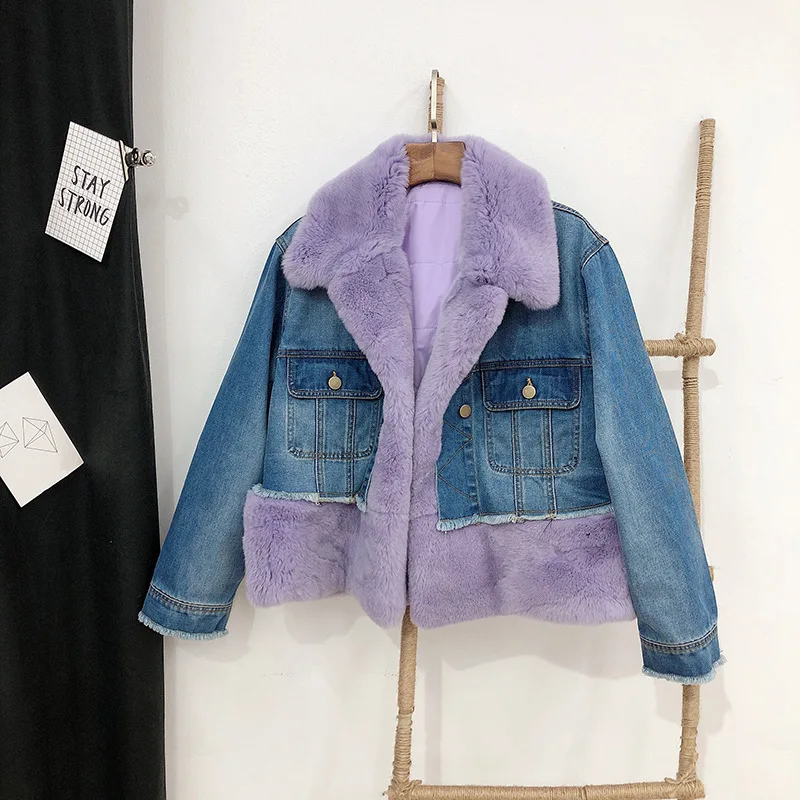 Light purple Зимний короткий ковбойский пуховик Parker, женское Стеганое пальто из натурального кроличьего меха, женская верхняя одежда со съемной подкладкой из хлопка - Цвет: Light purple
