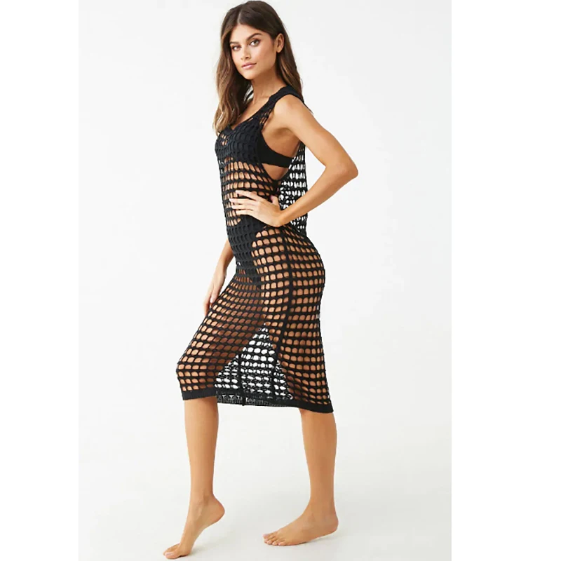 

Hollow Out Bikini Cover UP Beach Pencil Dress Women Sexy Sleeveless Crochet Knitted Plus Size White Summer Swim Beachwear