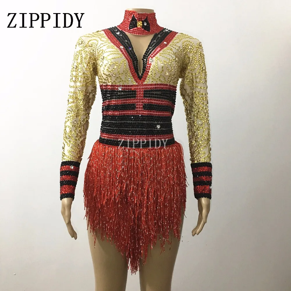 Sparkly Gold Rhinestones Red Tassel Bodysuit Women's Costume Nightclub Party Female Singer Leotard Celebrate Outfit Stage Wear