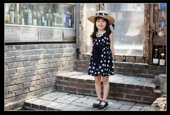 free shipping wholesale price dot bow sleeveless summer baby girl princess dresses 3~8age navy/white children clothing | Детская одежда