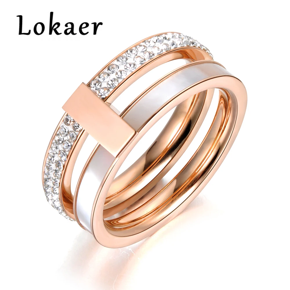 Lokaer розовое золото цвет 2 слоя стразы и оболочки Свадебные кольца ювелирные изделия 316L нержавеющая сталь обручальное кольцо Прямая поставка