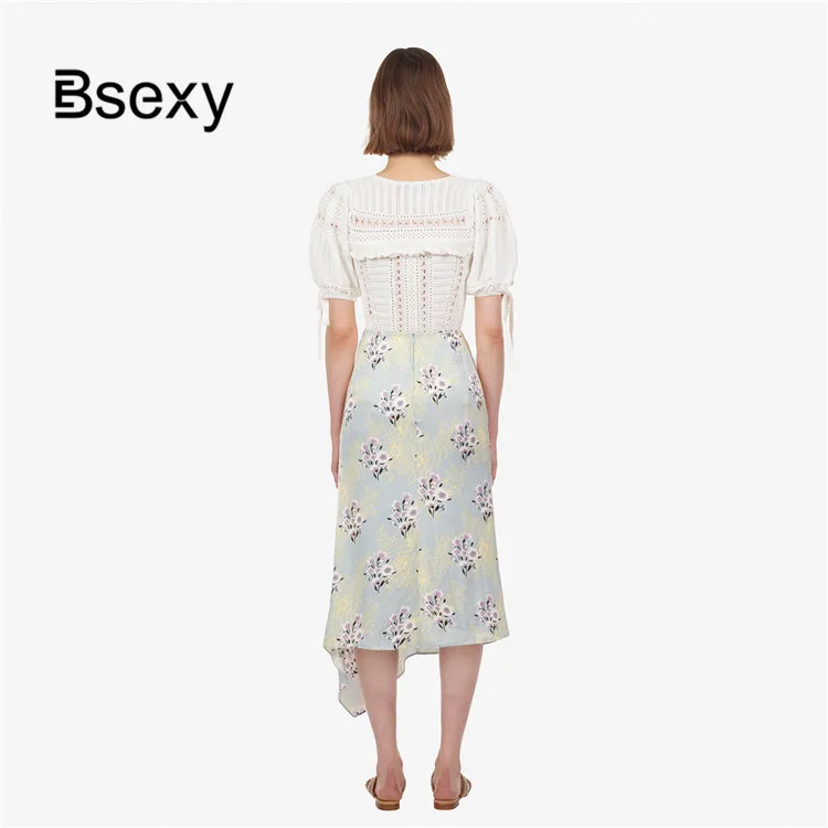 Faux Silk Skirt Women 2019 Self Portrait Flower Print Ruffle Irregular High Waist Kawaii Chiffon Long Midi spodnica | Женская одежда