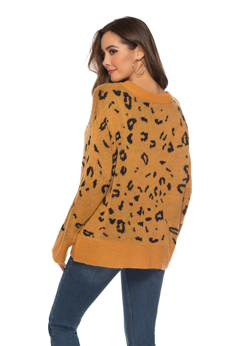 Leopard knitted Sweater Women Autumn Winter Fashion Female Clothing Print Flower O-Neck Outerwear Elegant Trench Overcoats | Женская