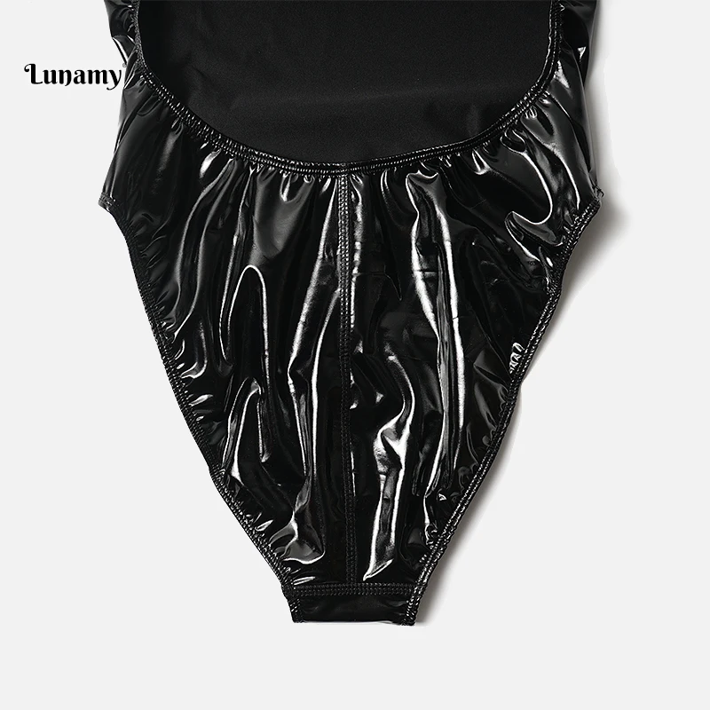 Lunamy,, сексуальные леотарды, ПУ, черный, глянцевый, боди, костюм с высокой посадкой, Цельный купальник, женский боди, блестящие купальники, купальник