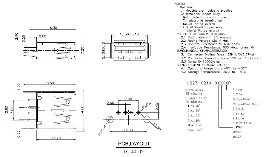 

1000pcs USB Connector 2.0 AF type A Receptacle 4 pin Vertical Straight Through Holes PCB mount 180 Degree Height 13.7mm