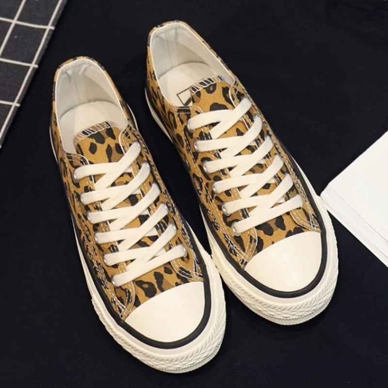 SJJH Women Canvas Leopard Sneakers High Low Top Comfortable Shoes Vulcanize Flats Casual Chaussure Lace-up Ladies Footwear D004