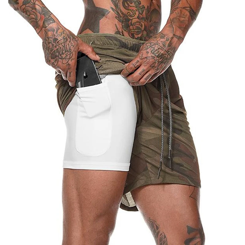 2 em 1 dos homens Shorts de Corrida Seguranca Bolsos Calcoes Secagem Rapida Desporto Lazer Embutidos Quadris Hiden | Мужская одежда
