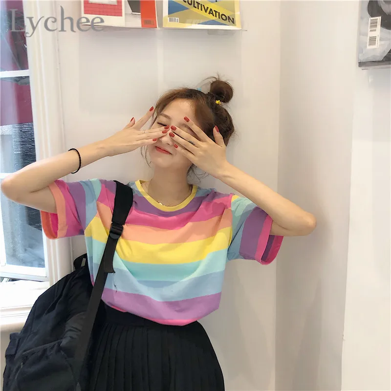 Lychee Harajuku Радужный полосный цветной блок женская футболка футболки с круглым вырезом короткий рукав хит цвет женские футболки футболка