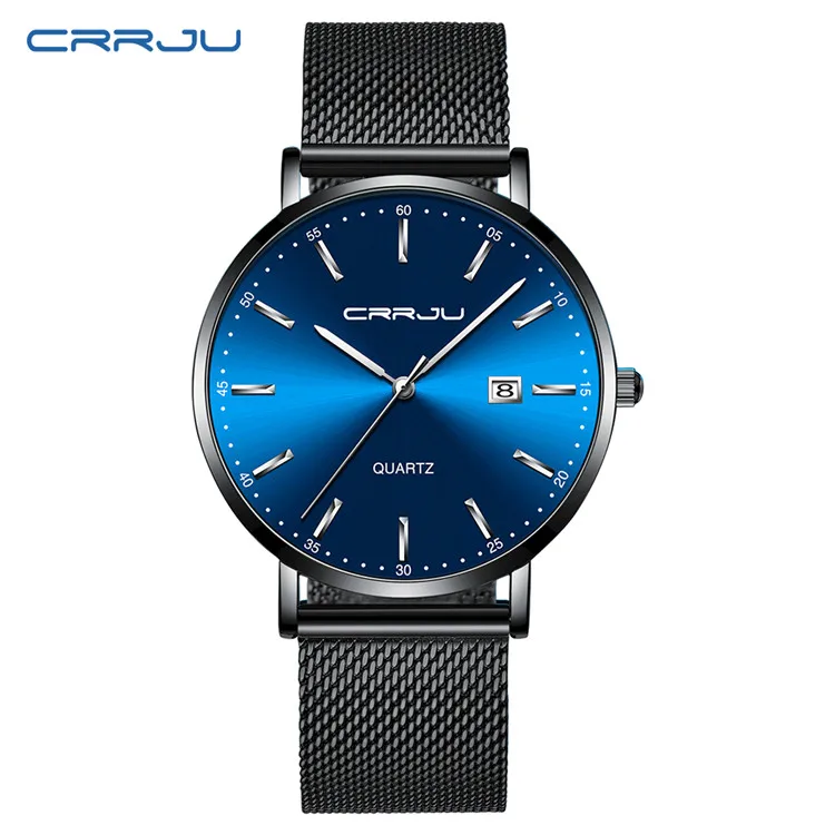black blue silver CRRJU женские часы лучший бренд роскошный женский, сетчатый ремень ультра-тонкие часы из нержавеющей стали водонепроницаемые часы кварцевые часы Reloj Mujer - Цвет: black blue silver