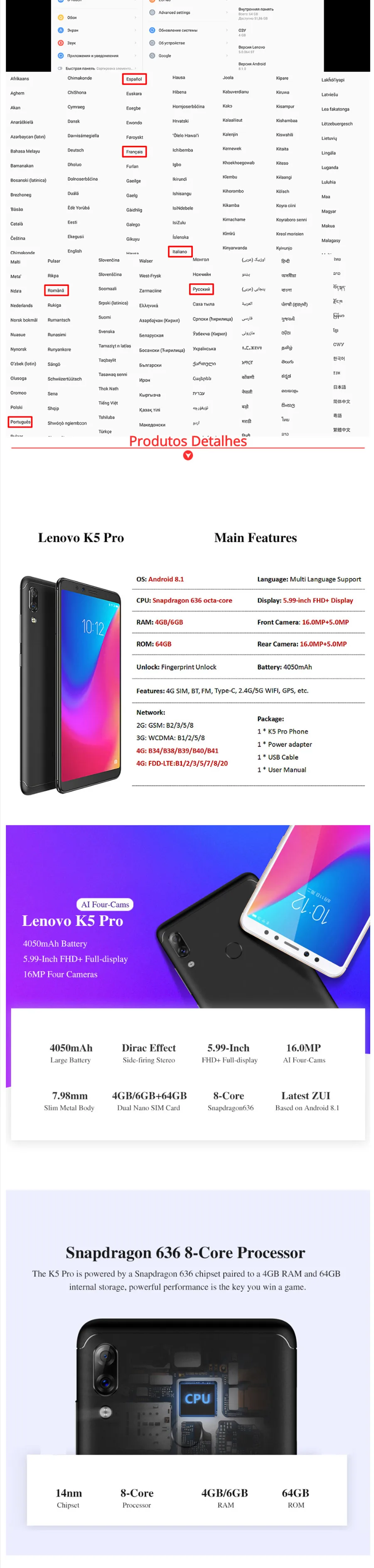 Глобальная версия lenovo K5 Pro 4050 мАч 4 Гб 64 Гб четыре камеры 5,99 ''18:9 смартфон Snapdragon636 Восьмиядерный 4G LTE мобильный телефон