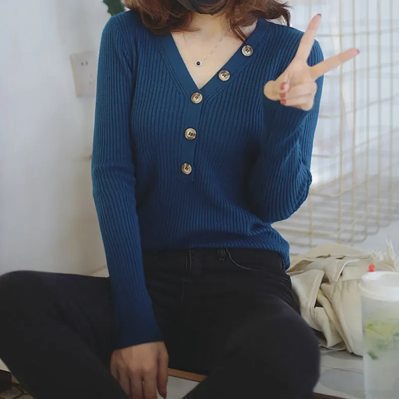 

4 Style Warm V-neck Knit Stripe Button Women Sweater Autumn Winter Solid Femme Pull Soft Female Pullovers Sweater Bottoming Tops