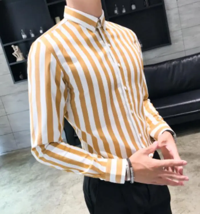 Heren Overhemden Kemeja Pria элегантные мужские дизайнерские футболки Полосатый Slim Fit рубашки мужские офисные корейские рубашки для мужчин розовый - Цвет: Золотой