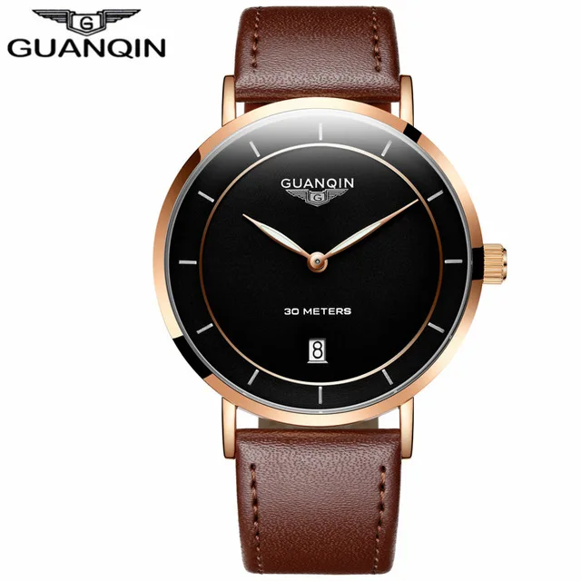 brown RG black B Мужские s часы лучший бренд класса люкс GUANQIN простой дизайн Ультра тонкие кварцевые часы мужские повседневные кожаные мужские часы relogio masculino - Цвет: brown RG black B