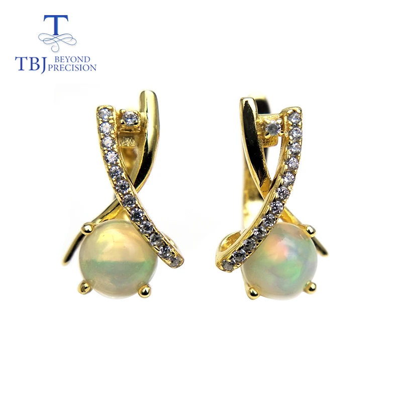 TBJ новая застежка серьги с натуральный Эфиопский Опал Круглый 6 мм 1.6ct драгоценный