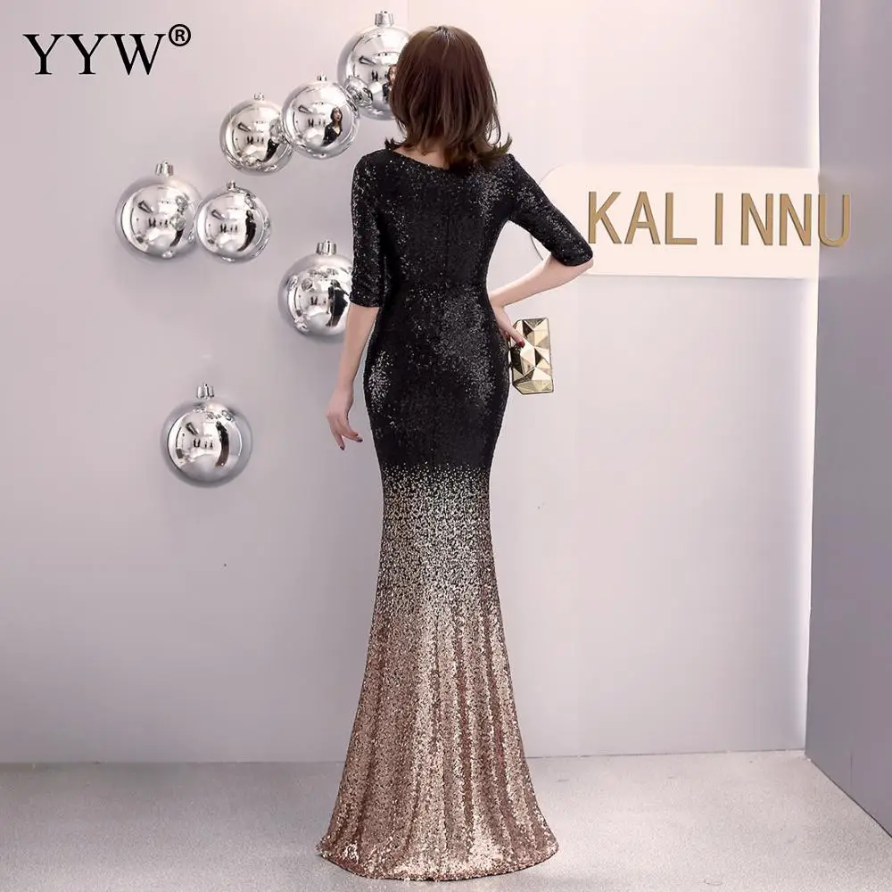 Fashion Long Evening Dresses Vintage Sequin Gradient Mermaid Dresses Women V Neck Half Sleeve Elegant Formal Club Party Vestidos