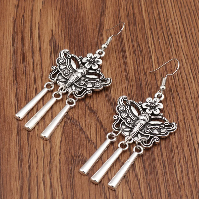 Seblasy Hot Sale Vintage Long Statement Flower Flying Butterfly Drop Earrings Punk Stripe Tassel Dangle Women Jewelry | Украшения и