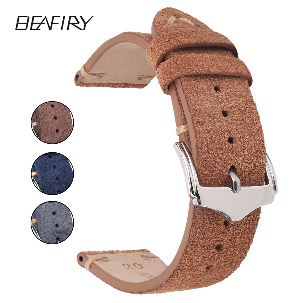 BEAFIRY Genuine Leather Watch Band 18mm 19mm 20mm 22mm Dark brown Dark blue Light brown Grey Suede  Leather Watch straps