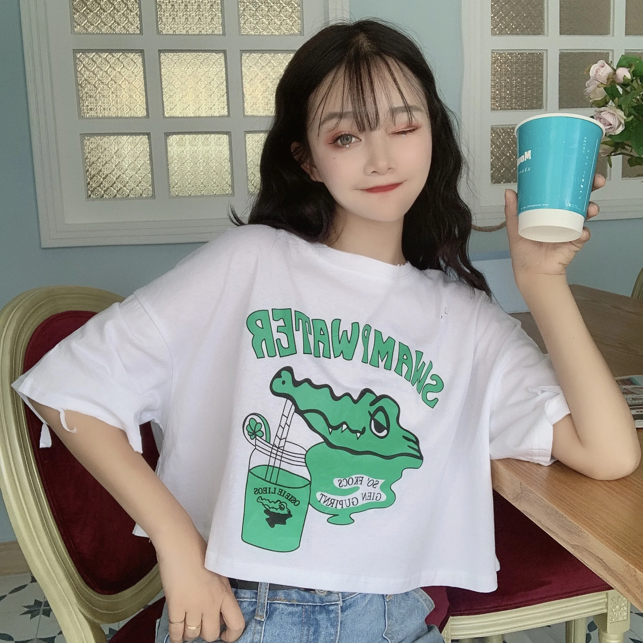 Harajuku Ulzzang милый топ с мультяшным принтом топы короткими рукавами в японском стиле