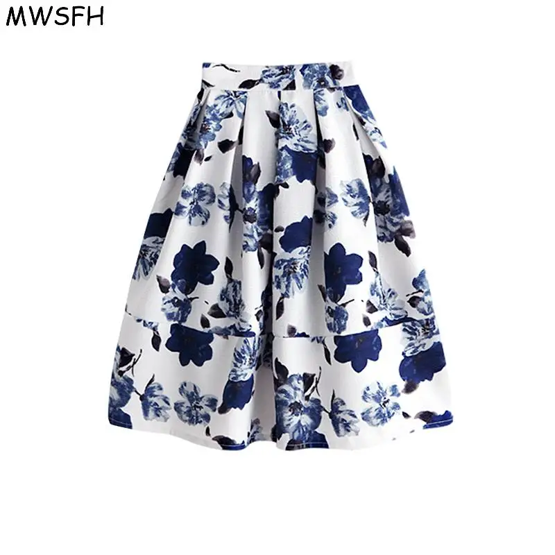 

Flower Prints Skirts 2016 Knee-length Flared Ball Gown Circle Pleated High Waist Midi Skirts Saia Plus Size Long Skirt Womens