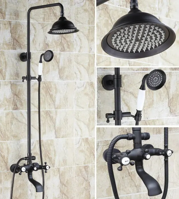 

Black Oil Rubbed Brass Dual Cross Handles Bathroom 8 Inch Round Rain Shower Faucet Set Bath Tub Mixer Tap Hand Shower mhg104