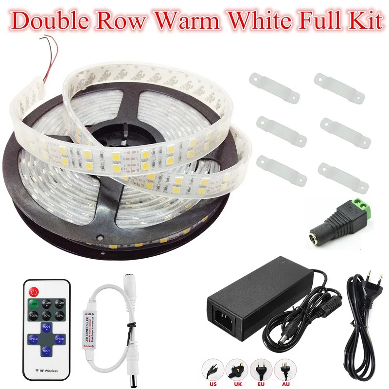 Warm White Full Kit DC 12 V 600Led 120led/m Водонепроницаемая SMD 5050 RGB теплая белая светодиодная лента двухрядная гибкая лента с питанием и пультом дистанционного управления - Испускаемый цвет: Warm White Full Kit