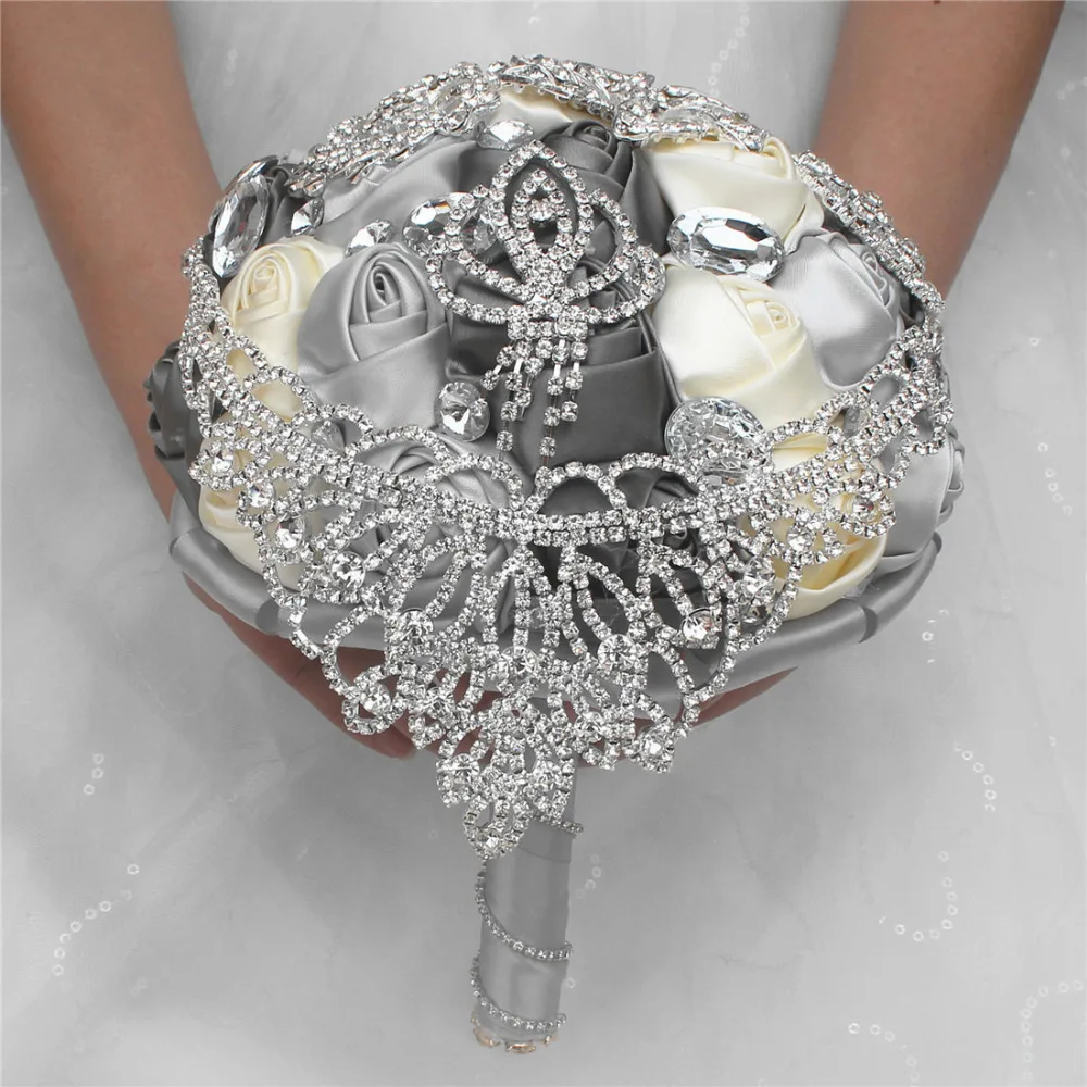 

Luxury Diameter 15/18/21/24CM Wedding Bouquet Bridal Bridesmaid Bouquets Ribbon Gray Ivory Rose Brooches Bride Holding Flower