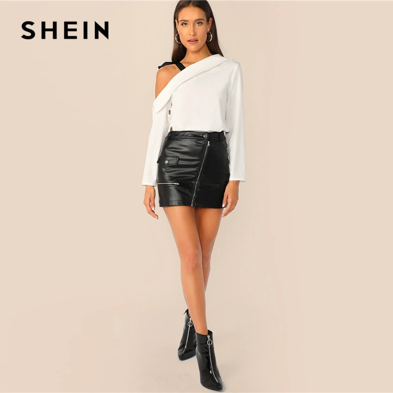 SHEIN асимметричный воротник откидной передний топ с завязками на плечах женские шикарные белые однотонные весенние элегантные Осенние Топы и блузки
