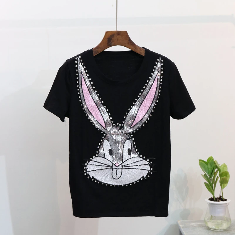 Европейский стиль блёстки мультфильм кролик футболки + рваные семь очков джинсы
