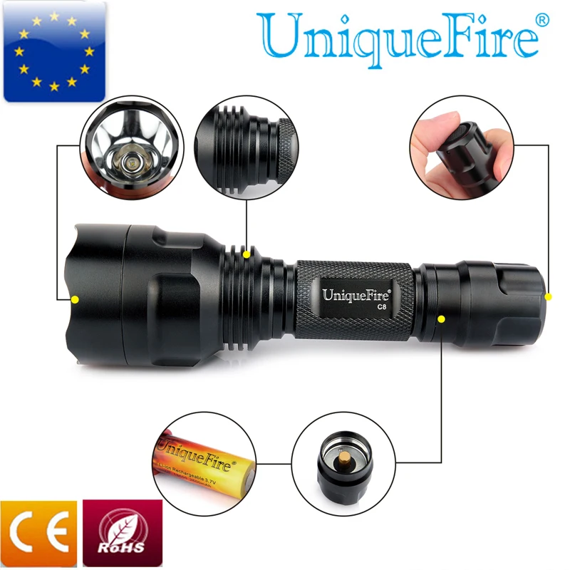 

Uniquefire High-quality Flashlight 5 Modes 10W UF-C8 XML Black Torch 1*18650 Rechargeable Battery IP65 Shockproof And Waterproof