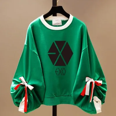 Новинка 2021 корейские свободные однотонные толстовки kpop EXO с бантом Женский