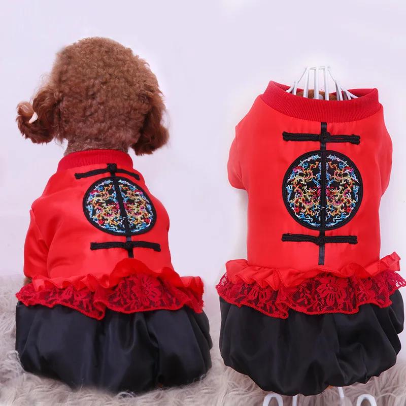 Warm Dog Clothes Winter New Year Pet Clothing Tang Suit Boy Jumpsuit Girl Dress Poodle Bichon Apparel | Дом и сад