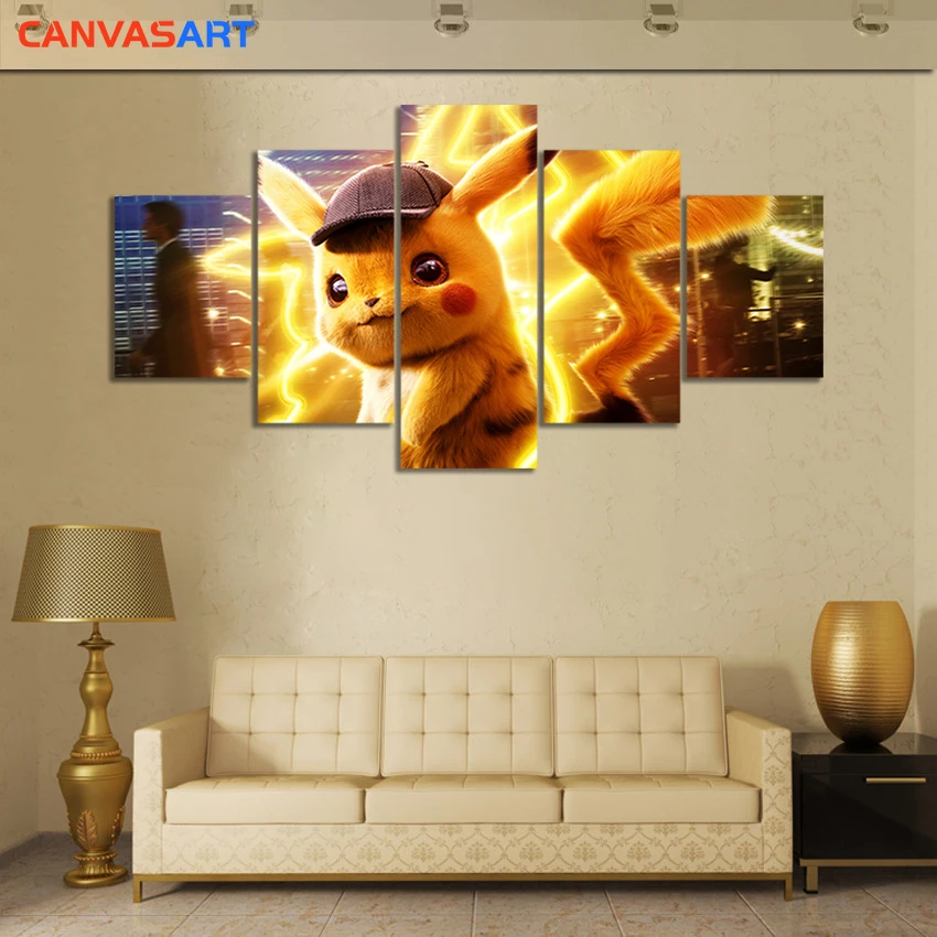 Canvas Art 5 Piece HD Pictures Live Action Movie Pokemon Detective Pikachu Painting for Living Room Wall Decoration | Дом и сад