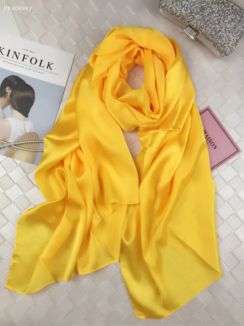 yellow 2018New весна осень женские роскошные брендовые шарфы сплошной цвет шелковый шарф размера плюс 180 см* 90 см шелковый платок хиджаб шарф 15 цветов - Цвет: yellow