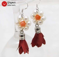qingmos trendy natural pearl earrings for women with 6 7mm white round pearl red silk flower tassel earring fine jewelry ea591