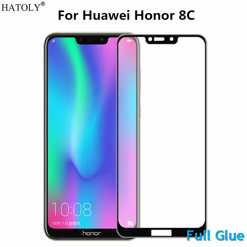Protector de pantalla de vidrio templado con pegamento completo para Huawei Honor 8C, funda completa para Honor 8C, pel&iacute;cula a prueba de polvo, HATOLY, 9H-0