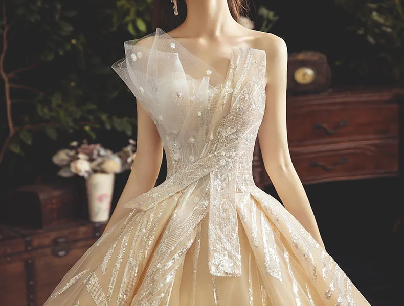 SSYFashion Новое высококачественное свадебное платье цвета шампанского Vestido De Noiva, Роскошные свадебные платья трапециевидной формы без бретелек со шлейфом в винтажном стиле