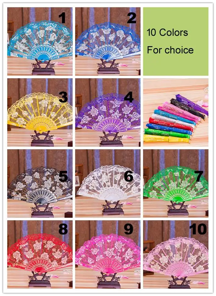 

DHL 50pcs/lot Spanish style rose flower design plastic frame lace silk hand fan, Chinese craft folding fan