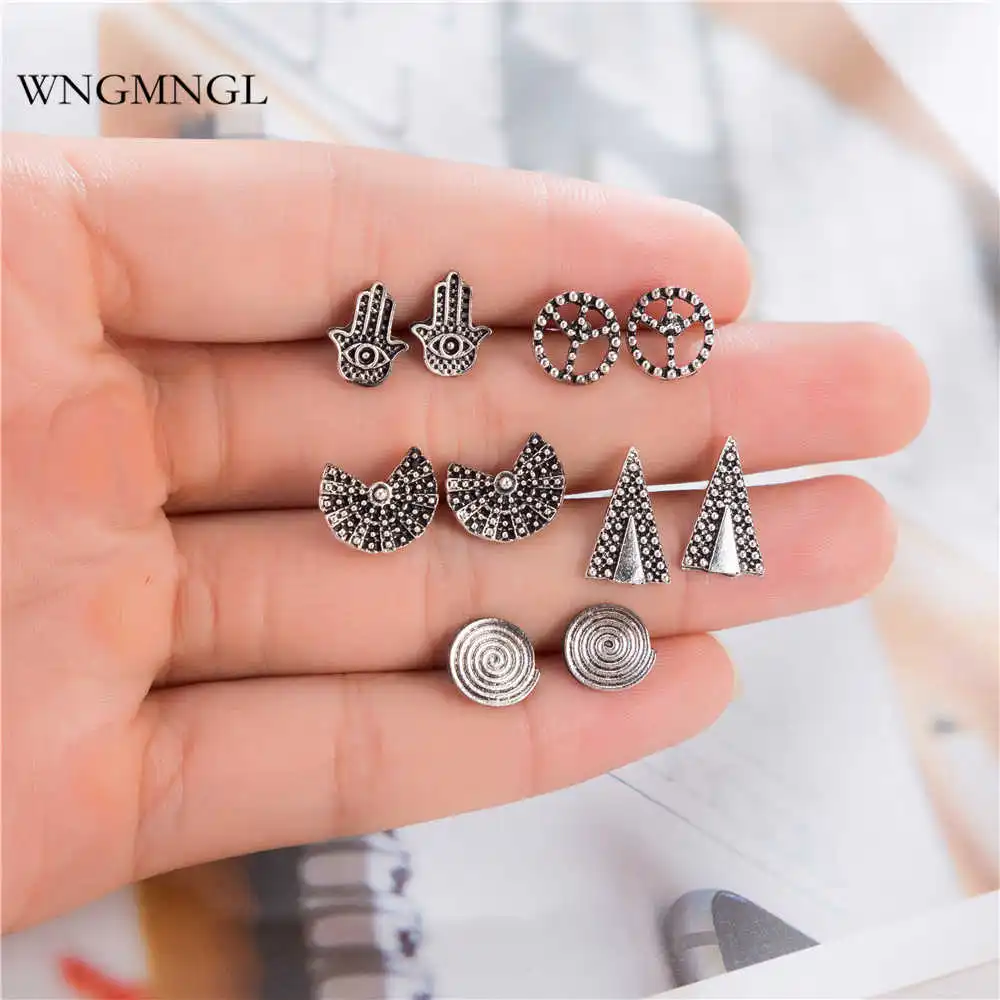 

WNGMNGL 5 Pairs/Set 2018 Bohemia Retro Geometric Peace Hand Triangle Silver Color Earrings Set for Women Party Statement Jewelry