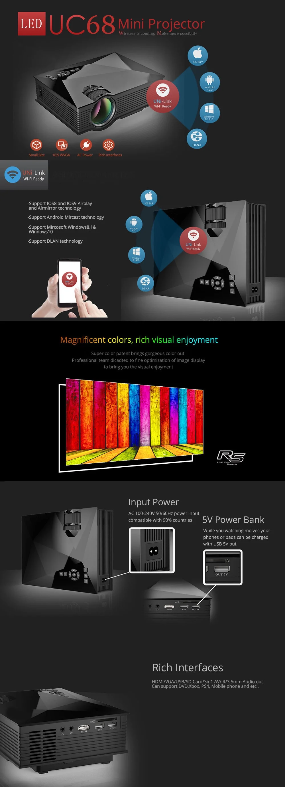 Gigxon UC68 проектор для домашнего кинотеатра 800*480P DLNA Miracast Airplay lcd проектор портативный макс 1080P поддержка 2000 люмен HDMI USB