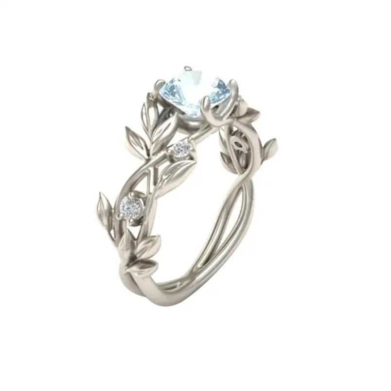 Top Quality Princess Women's Silver Floral Transparent Crystal Flower Vine Leaf Blue Gem Created Jewelry Ring | Украшения и
