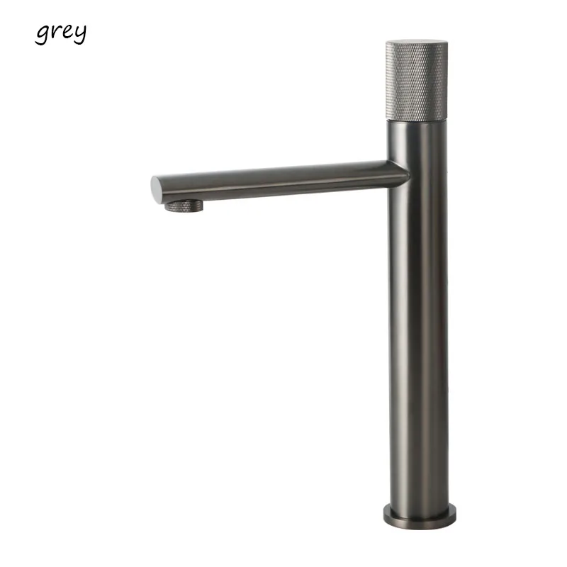 grey-Tall Накатывающаяся ручка, кран для раковины ванной комнаты, Твердый латунный кран для раковины, смеситель для холодной и горячей воды, смеситель на бортике, черный/матовый золотой/серый - Color: grey-Tall