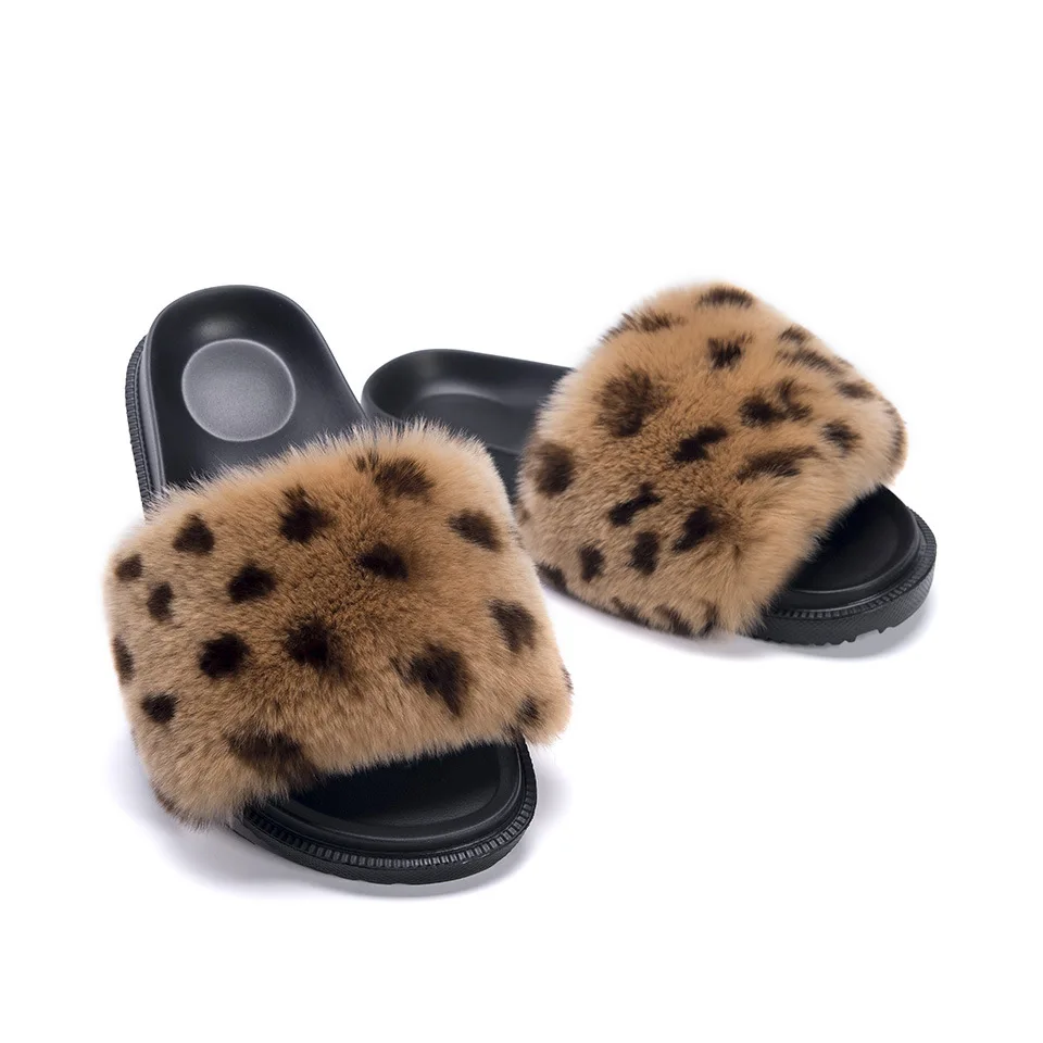 Leopard Зимние теплые женские меховые тапочки; сандалии с кроличьим мехом; леопардовые пушистые домашние женские меховые шлепанцы на плоской подошве; Милые Плюшевые сандалии - Цвет: Leopard