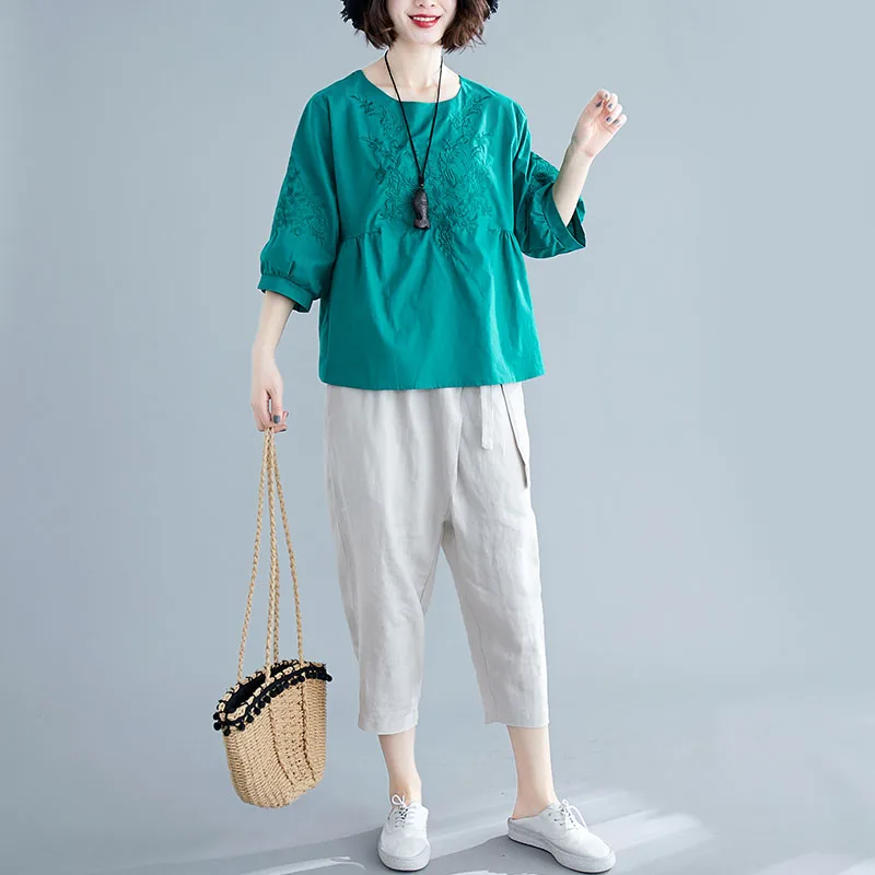Solid Brief Embroidery Women Shirt Blouse Half Lantern Sleeve Casual Ethnic Retro Summer Tops Femme Clothes Cotton Linen Blusas | Женская