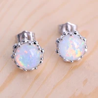 rolilason engagement gift for women round stud earring white fire opal silver stamped fashion jewelry oe734