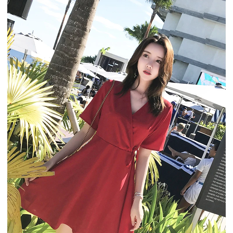 Summer Dress 2018 Korean Ladies Sexy Red Chiffon V-Neck Short Sleeve A-Line Dresses Elegant Vestido Fashion Hot New ZL108 | Женская
