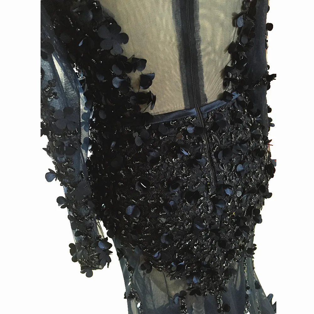 Дубай Robe De Soiree Роскошные вечерние платья с длинным рукавом платье для выпускного вечера с кристаллами и блестками Темно-Синие Вечерние платья Русалка
